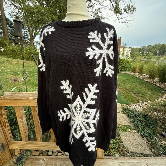Vintage Quacker Factory Sweater Womens 2X Black Snowflake Christmas Ramie Cotton - Picture 1 of 6